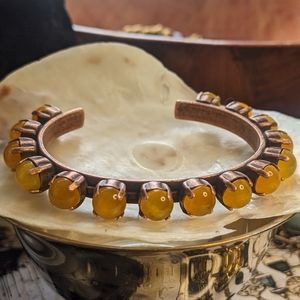 Genuine Yellow Jade Cuff Bracelet in Copper
